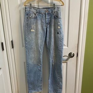 H&M Women’s Boyfriend Loose Fit Distressed Jeans Size 28 Patches Button Fly